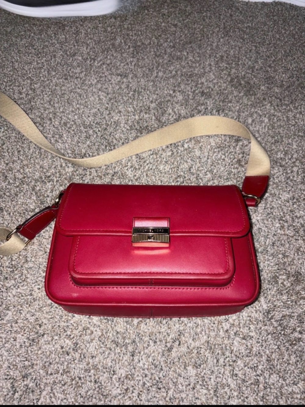 Michael Kors Red Leather Crossbody with Beige Strap and Gold Hardware